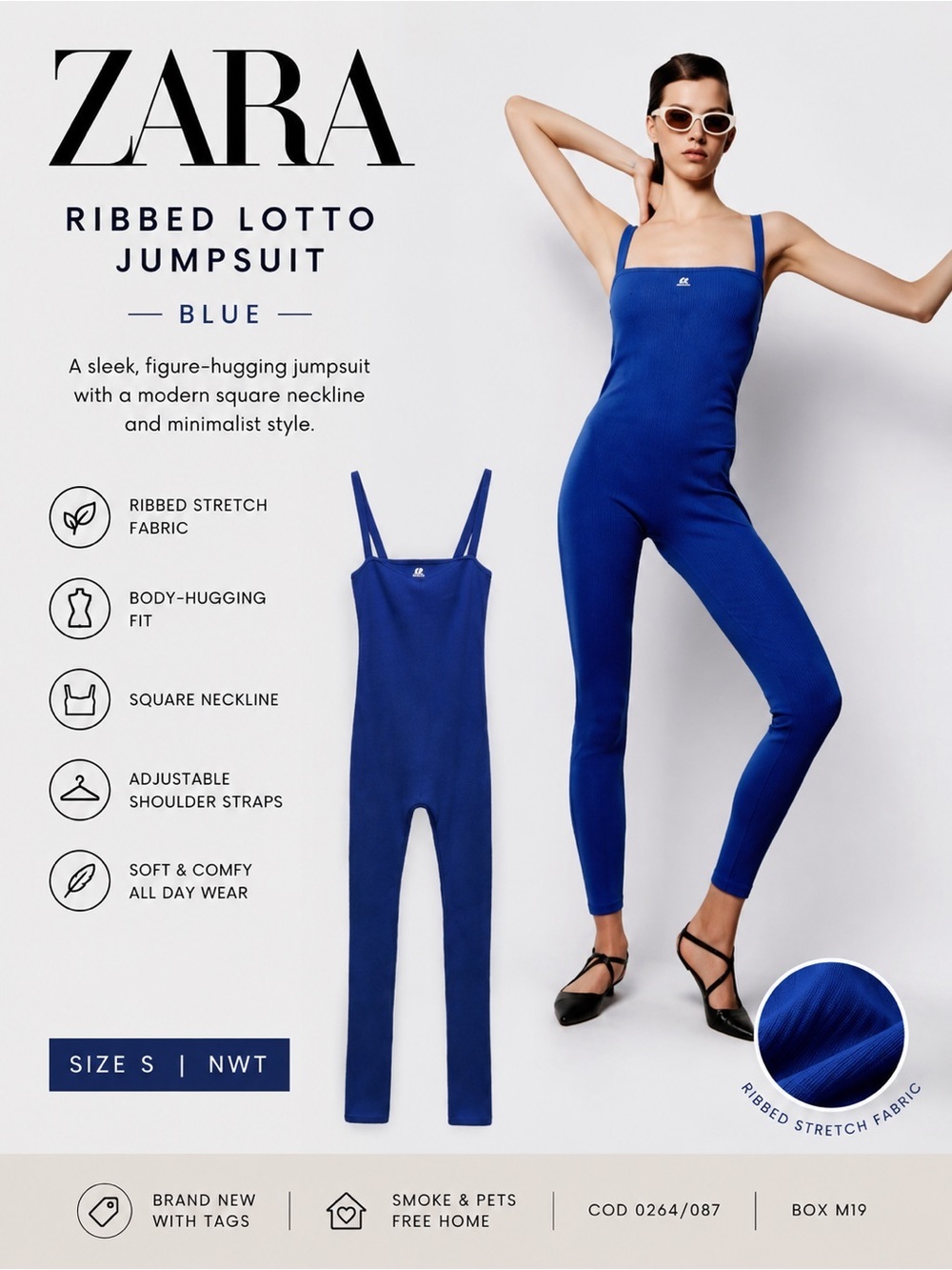 Zara Blue Ribbed Lotto Jumpsuit Size S NWT Square Neck Stretch Unitard